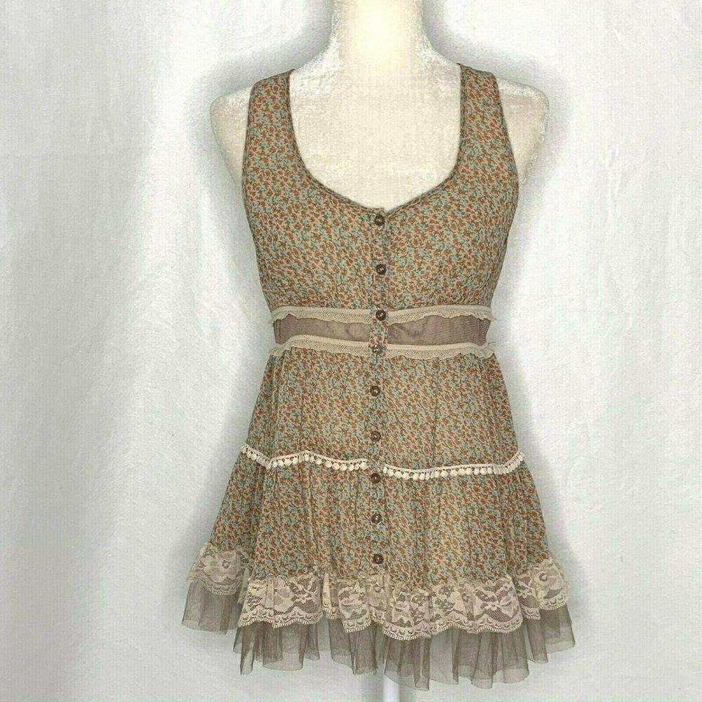 Daytripย FloralโTunic Tank Top M Tan Lace Tulle Sheer Button FrontโRacerback